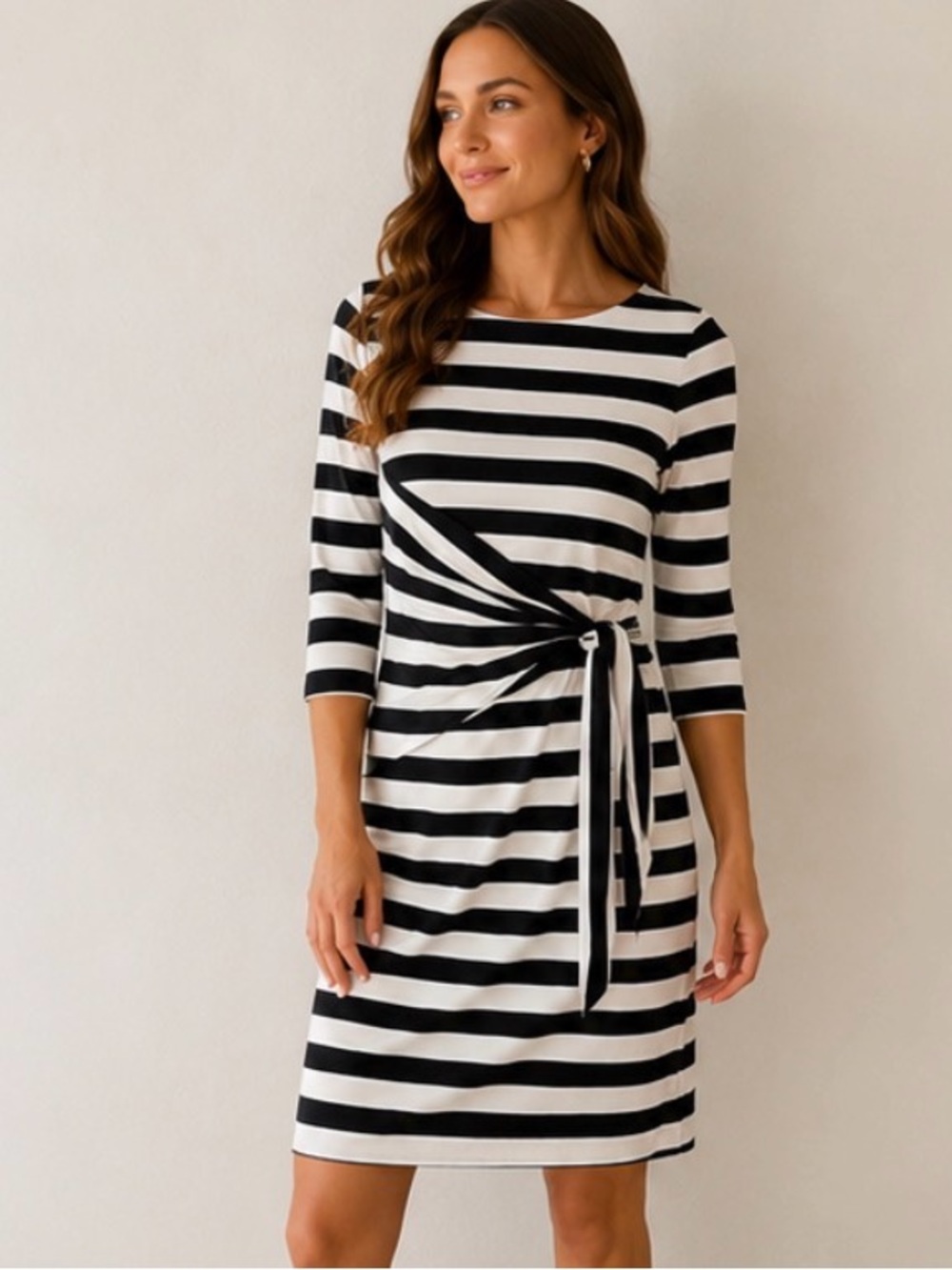 White House Black Market Black and White Striped Tie-Side Midi Dress